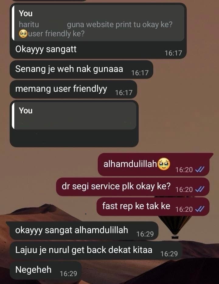 WhatsApp message from a student thanking Bearink for their printing